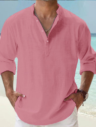 Per uomo camicia di lino Camicia con colletto a fascia Camicia popover Maglietta informale Camicia da spiaggia Liscio Hawaiano Per eventi Nero Bianco Rosa Blu Manica lunga Henley Primavera estate