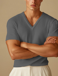 Men's Short Sleeve Shirt Ribbed Knit tee Tee Top Short Sleeve V Neck Summer Fall Winter Solid Color Pit Strip Sports Daily Classic Style Outdoor Casual Light Blue Black White Top Tee for Men