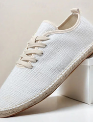 pánské béžové plátěné boty na šněrování espadrilky s jutovou provazovou podrážkou – pohodlná letní ležérní obuv