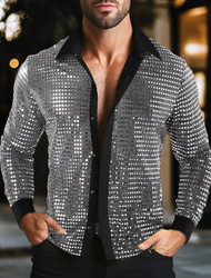 Men's Shirt Prom Shirt Disco Shirt Silver Black Gold Long Sleeve Sequin Collar Performance Party Evening Wear Sequins Clothing Apparel Fashion Casual