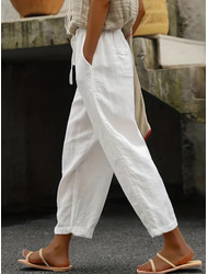 Damen Shorts aus Baumwollleinen Leinen-inspirierte Hosen Hose aus Baumwollleinen Einfach Klassisch & Zeitlos Volle Länge Hohe Taille Einfarbig Patchwork Tasche Kordelzug Bequem Schnelltrocknend