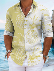 Voor heren Fruit Hawaiiaans overhemd Aloha-shirt Lange mouw Hawaii Strandstijl Vakantie Zomer Lente Strijkijzer Dichtknopen Zwart Geel Blozend Roze blauw Grijs