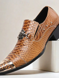 ανδρικά δερμάτινα slip-on παπούτσια σε καφέ σχέδιο φιδιού με μεταλλικό κάλυμμα στα δάχτυλα και στολίδι λιονταριού - premium γουέστερν στυλ από δέρμα αγελάδας για επίσημες εκδηλώσεις και πάρτι