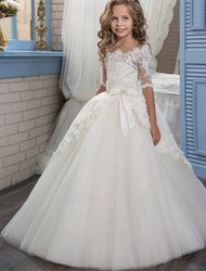 Blumenmädchenkleid Kinder Mädchen Spitzenkleid Formelle Kleidung Prinzessinenkleid Kleid für die Erstkommunion Leistung Hochzeit Party Elegant Schön Gitter Feste Farbe Halbe Ärmel Schulterfrei Weiß 4