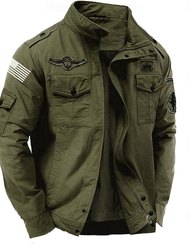 Men's Cotton Embroidered Military Jacket with Shoulder Straps Long Sleeve Standing Collar Multi-Pockets Trucker Jacket US Flag Print Tactical Outerwear