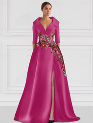 Blue Floral A-Line Evening Gown Embroidered Elegant Dress Formal Wedding Floor Length Half Sleeve Shirt Collar Satin with Slit