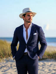 Smokings Masculinos de Casamento na Praia Linho Azul Marinho Meio Forrado Leve e Casual Sólido Ajuste Padrão 2 Peças Uma Fileira de Botões