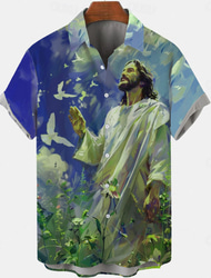 Paște Bărbați Iisus Porumbei Cămașă Cămașă casual Camașă cu nasturi Manșon scurt Vintage Retro Vacanță Concediu Festival Vară Primăvară Răsfrânt Imprimare 3D cămăși cu guler Albastru piscină Mov