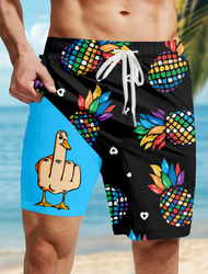 Men's Pineapple Funny Duck Lined Shorts 2 in 1 Board Shorts Swim Shorts Mid Waist Hawaiian Vacation Holiday Beach Wear Side Pockets With Compression Liner Elastic Drawstring Waist Designer Clothing