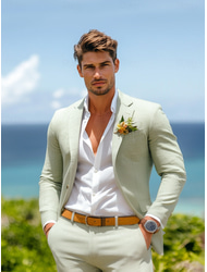 Masculino Casamento Casual ternos de linho sábio Lilás Leve Casual Cor Sólida Padrão Conjunto de 2 peças Comum 1 Botão