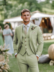 Men's Wedding Linen Suits Sky Blue Sage Fashion Formal Solid Colored Standard Fit 3 Piece Single Breasted Two-buttons