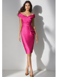 Κίτρινο Πράσινο Column Cocktail Gown Elegant Dress Formal Wedding Guest Tea Length Short Sleeve Off Shoulder Stretch Satin με σχισμή