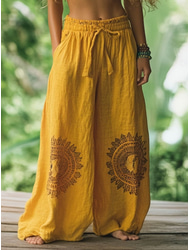 Women's Boho Trousers Wide Leg Chinos Vacation Vintage Ethnic Style Full Length High Waist Graphic Pocket Elastic Waistband Printing Comfy Soft Comfortable Micro-elastic Outdoor Vacation Street