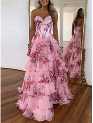 A-Lijn Quinceanera Jurken Korset Gelaagde Jurk Bruiloft Bruiloftsgasten Vloerlengte Mouwloos Strapless Chiffon Rugloos met Bloemenprint Bruiloftsgastenjurk