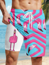 Men's Flamingo Bird Funny Lined Shorts 2 in 1 Board Shorts Swim Shorts Mid Waist Hawaiian Vacation Holiday Beach Wear Side Pockets With Compression Liner Elastic Drawstring Waist Designer Clothing