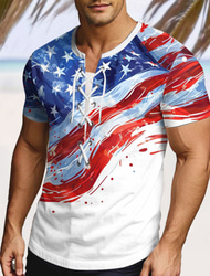 American Independence Day Men's American US Flag Shirt Short Sleeve T shirt 3D Print Lace Up Neck Shirt Vacation Street Casual Daily White 1 White Summer Spring Clothing Apparel S M L XL XXL XXXL