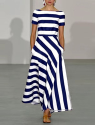 Per donna Abito Lungo Maxi Abito Vestito Casual Vestito a ruota Moda All'aperto Feste Ferie Vestibilità regolare A righe Manica Corta Senza Spalle Nero Rosso Blu Estate