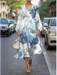 Pentru femei Rochie Maxi Rochie A line Casual În aer liber Ieșire Fit regulat Floral Grafic Manșon Lung În V Albastru piscină Verde Închis Fucsia Trifoi Vară
