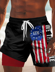 Independence Day Men's US Flag Patriotic Fourth of July Lined Shorts 2 in 1 Board Shorts Swim Shorts Mid Waist Holiday Side Pockets With Compression Liner Elastic Drawstring Waist Designer Clothing