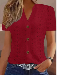 Women's T Shirt Solid Color Plain Basic Modern Casual Short Sleeve V Neck Regular Tops Daily Weekend Buttons Eyelet White Wine Fuchsia Khaki Summer