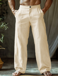 Voor heren Linnen broek Broek Zomerbroek Strandbroeken Knop Zak Recht been Effen Comfort Ademend Vakantie Dagelijks Feestdagen Hawaii Boho Zwart Wit