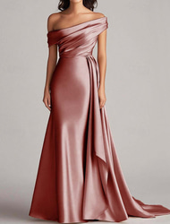 A-linjead kvällsklänning stretch satin elegant klänning semi formell bröllop svep  borsta tåg ärmlös off-shoulder satin med veck