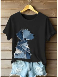 Damen T Shirt Grafik Tiermotiv Hund Vintage Stilvoll Klassisch Kurzarm Rundhalsausschnitt Normale Oberteile Täglich Wochenende Druck Schwarz Weiß Rosa Blau Grün Sommer Frühling