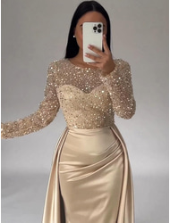 Mermaid Sequin Evening Gown Ruched Champagne Satin Dress Long Sleeves Masquerade Floor Length Illusion Neck with Pearls Overskirt dress