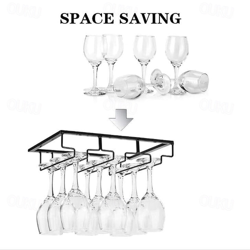 Portabicchieri Da Vino Sottopensile In Metallo - 3 File - Organizer Per Calici E Bicchieri - Adatto Per Cucina E Bar - Colore Nero - 30x22,6x6 Cm