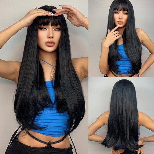 20 Inch Layered Straight Wig with Bangs Heat Resistant Synthetic Hair Daily Straight Brown Wig with Bangs 20 Inch Medium Length Layered  main image 2