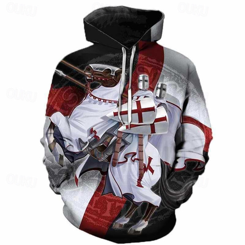 Felpa Con Cappuccio Uomo 3D – Stampa Cavalieri Templari – Modello Autunno Inverno Con Cappuccio E Coulisse