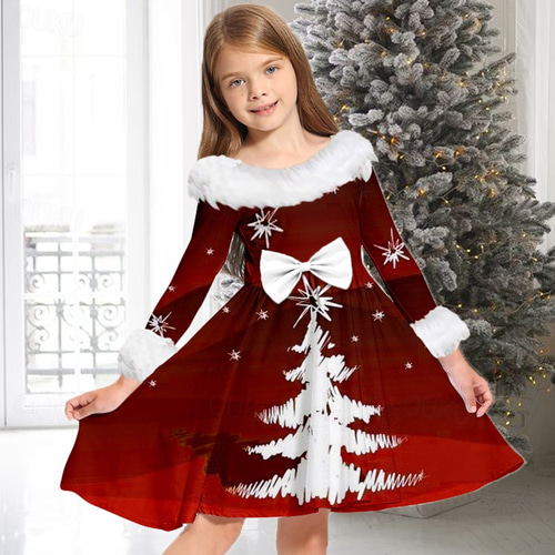 Kids Girls' Christmas Dress Dress Snowflake Dress Tree Christmas Bell Long  Sleeve Casual Fur Trim Crewneck Adorable Daily Polyester Above Knee Casual Dress  Swing Dress A Line Dress Fall Winter 2-13 2026 -  23.09