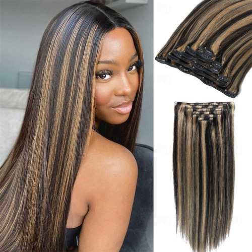 Clip in Extensions Human Hair Full Head Ombre Natural Black  display picture 2