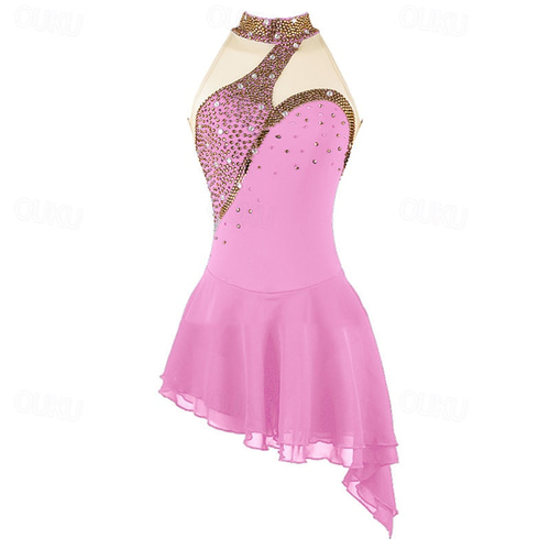 pink ruffle figure skating dress Rhinestone for Girls Ice Dance Figure Skating Dress Women's Girls'