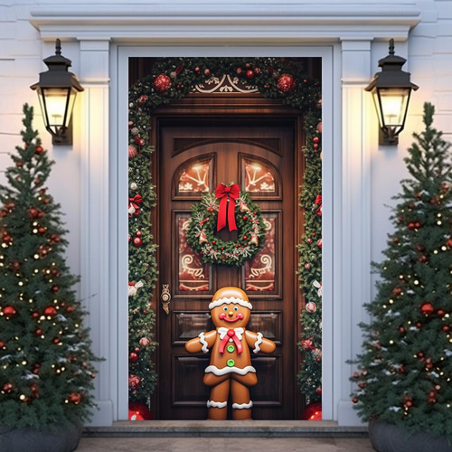 Bannière De Porte Joyeux Noël En Forme De Bonhomme En Pain D'épice - 185x90 Cm, Polyester, Intérieur/extérieur - 3