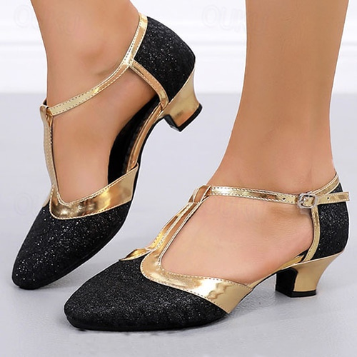dames gouden glitter t-band dansschoenen, lage hak en middelhoge hak  ballroom latin performance hakken voor salsa en tango 2025 - € 30.99