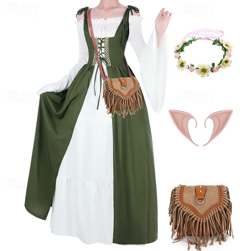 Medieval Renaissance Fairy Costume Chemise Over Dress Fringe Bag Elf Ears Flower Crown Set Medieval Retro Vintage Outfits Women Larp Costume 2026 - 190 Medieval Renaissance Fairy Costume Chemise Over Dress Fringe Bag Elf Ears Flower Crown Set Medieval Retro Vintage Outfits Women Larp Costume 2026 - 190