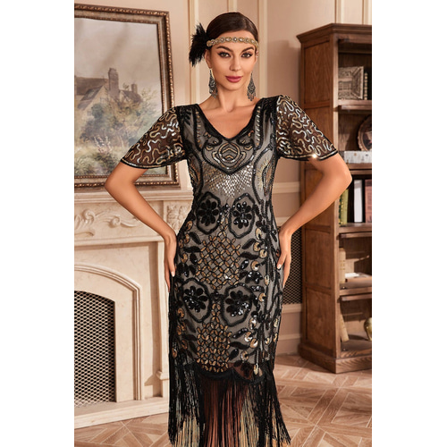 green emerald velvet dress BABEYOND Fringed Embellished 1920s Sleeveless Flapper Dance Dress, Roaring 20s Great Gatsby Dress, Black/Silver Size XL