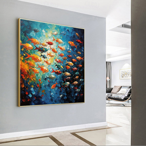 2026年 手描きの水泳魚油絵キャンバス特大動物絵画手作り壁アート抽象