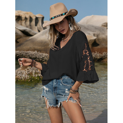 Camicia da donna in pizzo, patchwork, top boho, estiva, tinta unita, con scollo a V, maglione, pieghevole, elegante, primavera, estate, a maniche corte, da spiaggia, Vino, S