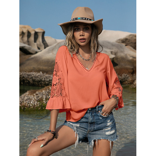 Per Donna Camicia Di Pizzo Pizzo Patchwork Bottoni Tinta Unica Elegante Casual Spiaggia Manica Corta Scollo A V Top Regolari Quotidiano Pizzo Patchwork Bottoni Bianco Azzurro P19715121