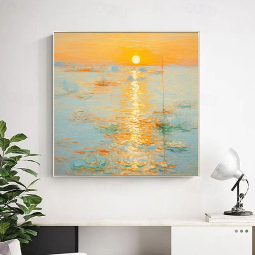 海　日の出　油絵 油絵【Sea at Dusk】夕暮れの海 ｜ フレーム付 原画 玄関・寝室の彩りに