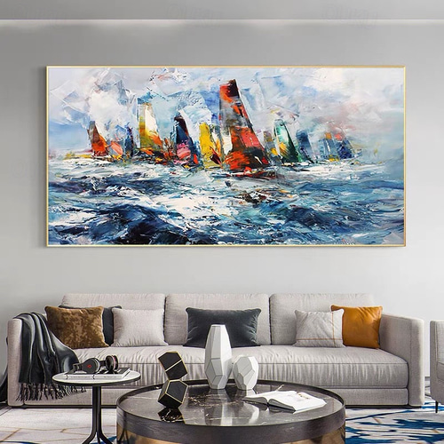 Meecaa Peinture par numéro Maison Bord de mer Bateau Fleur Rouge Kit pour adultes débutants Peinture à l'huile 40,6 x 50,8 cm (paysage, encadré