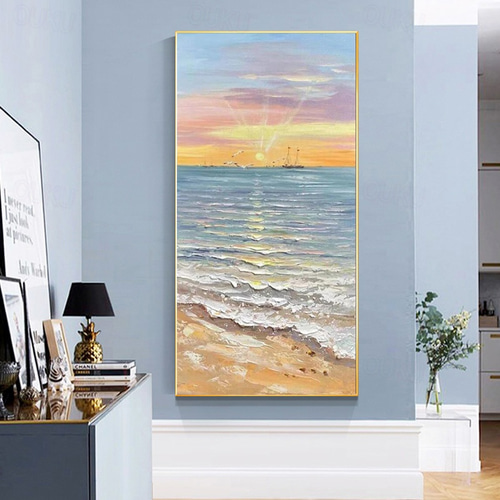 2026年 手作りの壁アート 海の質感 油絵 日の出 手描き 自然 風景