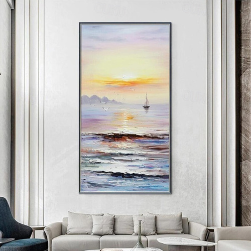 2026年 手作りの壁アート 海の質感 油絵 日の出 手描き 自然 風景
