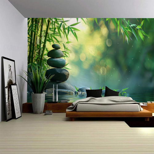 Tapisserie Murale CEVAN Vagues Et Rochers - Décoration Verte Blanche 350x250cm, Tissu Haute Définition