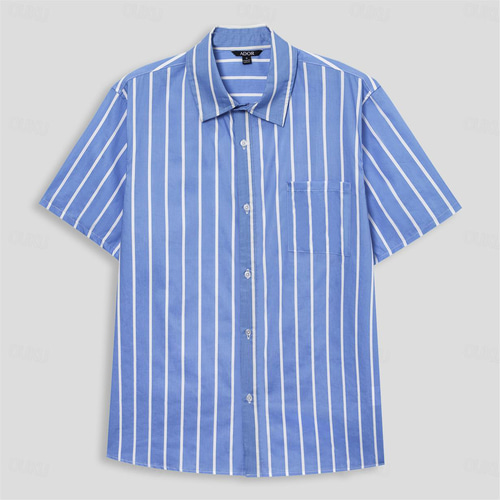 Men's 100% Cotton Shirt Black Blue Short Sleeve Striped