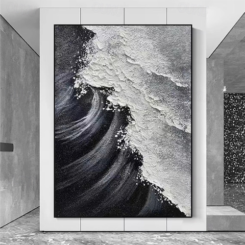 2026年 黒のテクスチャの波の油絵、ミニマリストアート、手作りの壁