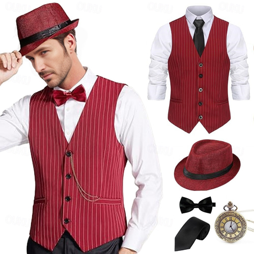 Retro Vintage Roaring 20s 1920s Outfits Waistcoat Accesories Set Gentleman Gangster  Fancy Dress Men's Halloween Carnival New Year Carnival Party / Evening  Masquerade Adults' Cravat Vest Hat All 2026 - US $45.62