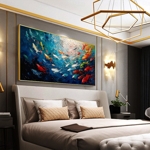 2026年 手作りのオリジナルカラフルな魚の群れの油絵キャンバスに描か